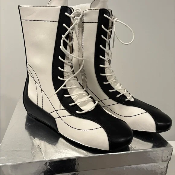 AKIRA Black and White Lace Up Boots - Picture 2 of 5